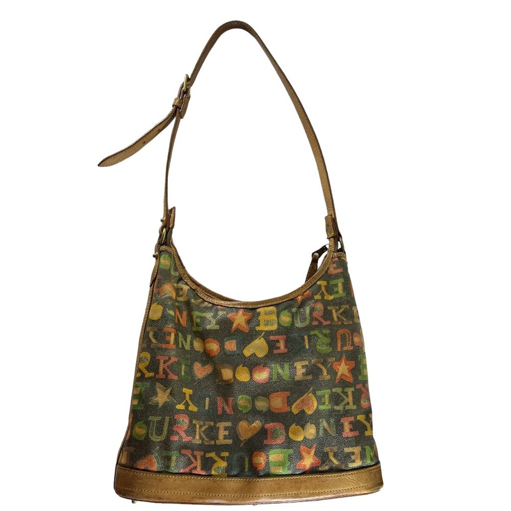 Vintage Dooney & Bourke Logo Graffiti Doodle Multicolor Tan Leather